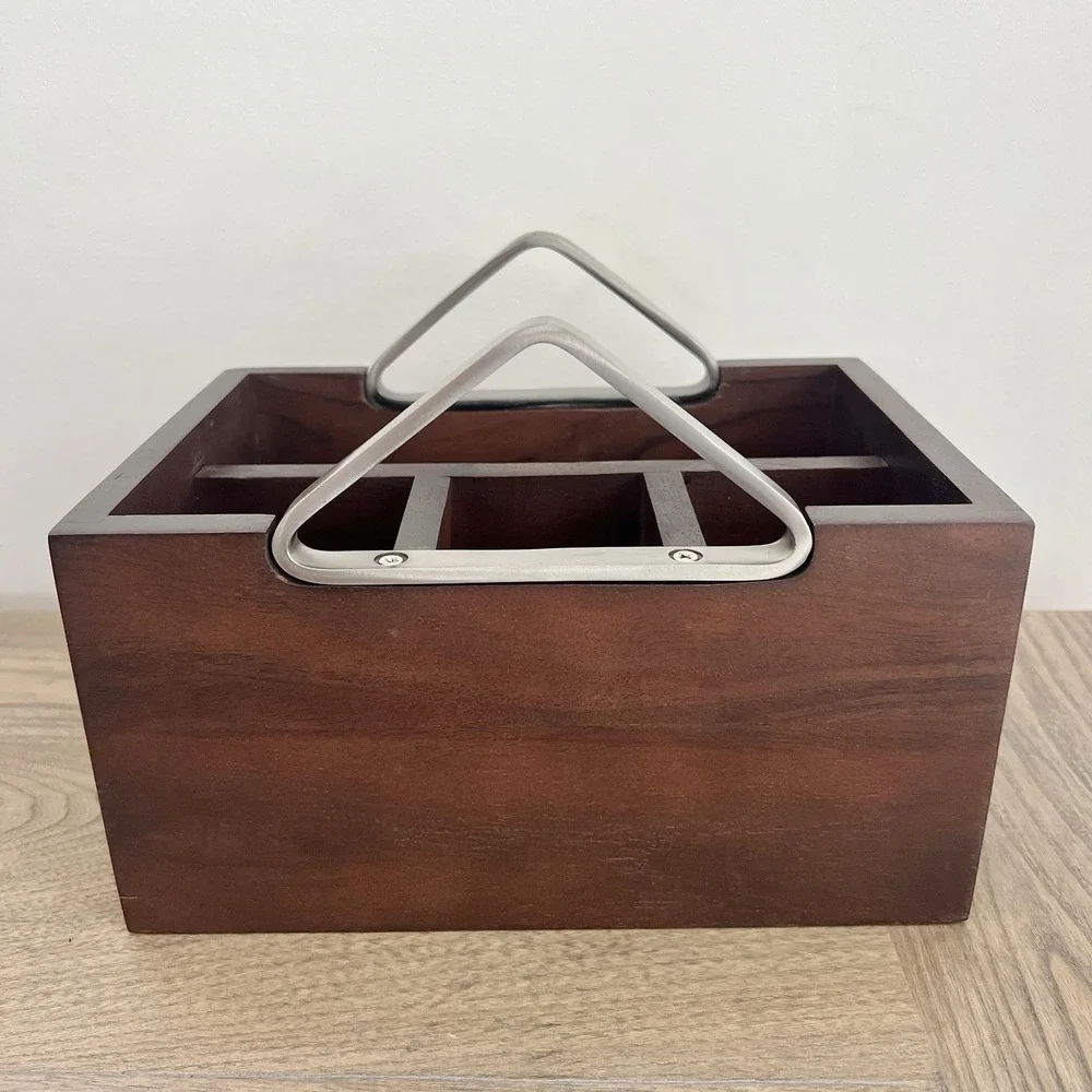 Crate And Barrel Boyd Acacia Wood Flatware Caddy Lacquer Finish Stainless Steel